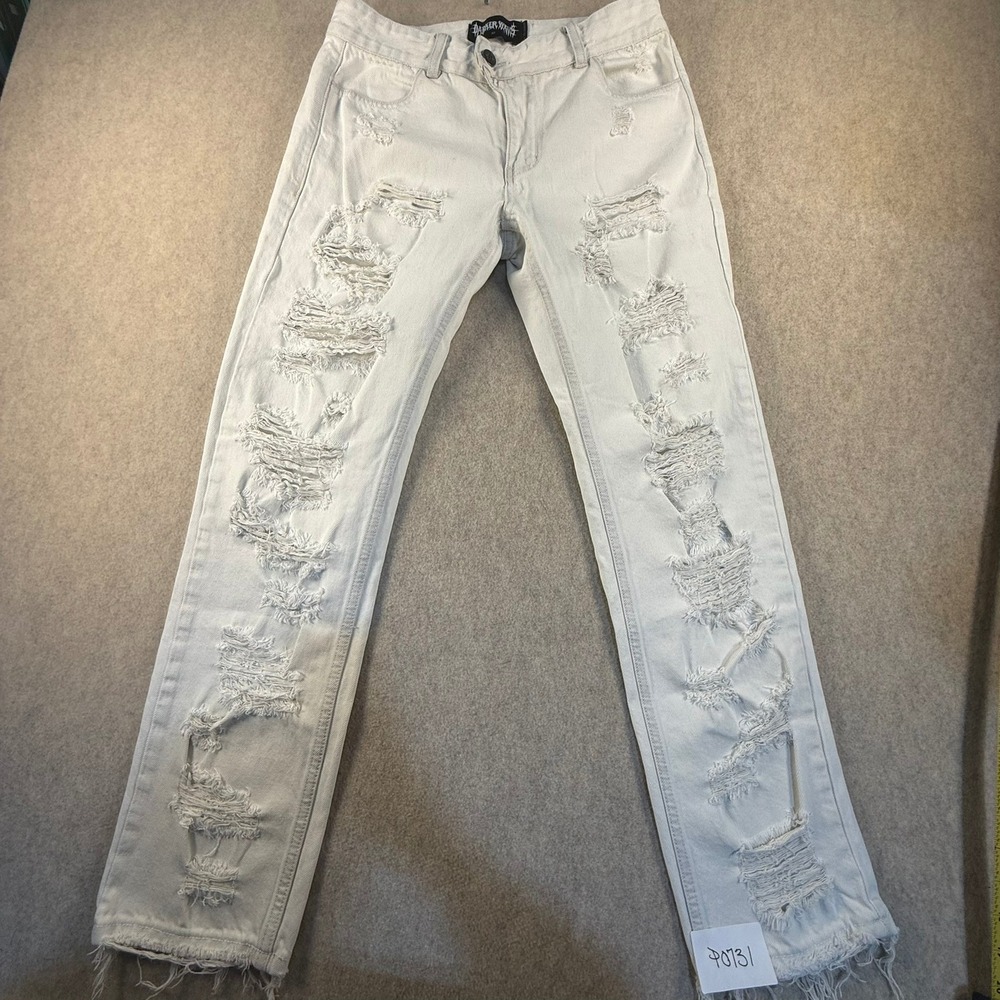 Darker Waves Distressed Jeans White Light Wash Ripped Straight Leg Punk Small